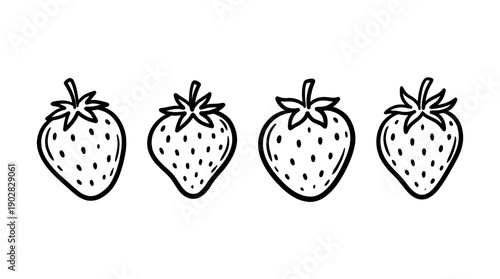 strawberry , 4 cute black Hand drawn line art cartoon vector, white background. PNG and SVG