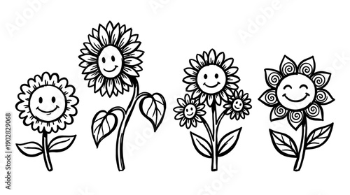sunflower , 4 cute black Hand drawn line art cartoon vector, white background. PNG and SVG