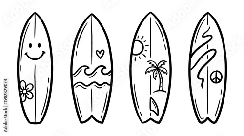 surfboard , 4 cute black Hand drawn line art cartoon vector, white background. PNG and SVG