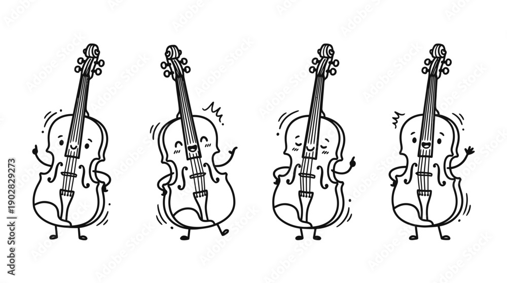 Fototapeta premium violin , 4 cute black Hand drawn line art cartoon vector, white background. PNG and SVG