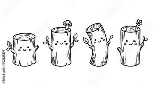 tree log , 4 cute black Hand drawn line art cartoon vector, white background. PNG and SVG