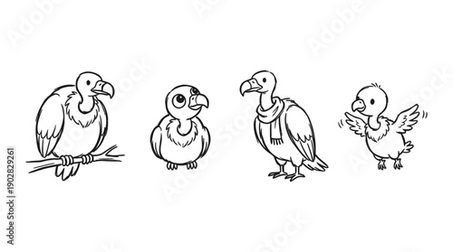 vulture , 4 cute black Hand drawn line art cartoon vector, white background. PNG and SVG