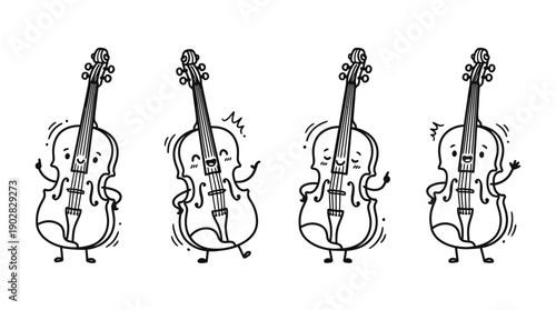 violin , 4 cute black Hand drawn line art cartoon vector, white background. PNG and SVG