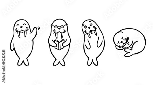 walrus , 4 cute black Hand drawn line art cartoon vector, white background. PNG and SVG