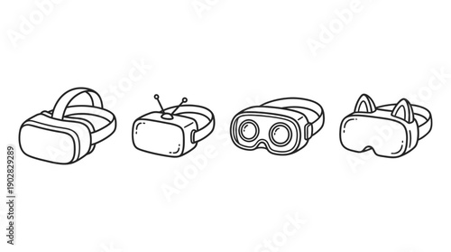 vr goggles , 4 cute black Hand drawn line art cartoon vector, white background. PNG and SVG