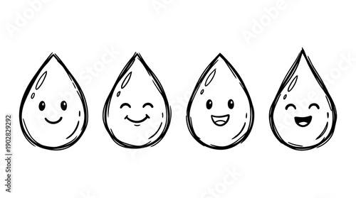 water droplet , 4 cute black Hand drawn line art cartoon vector, white background. PNG and SVG