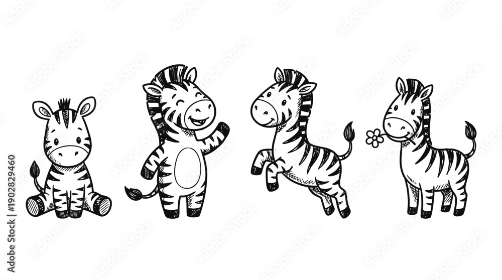Fototapeta premium zebra , 4 cute black Hand drawn line art cartoon vector, white background. PNG and SVG