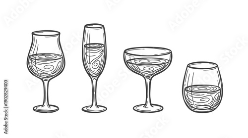 wine glass , 4 cute black Hand drawn line art cartoon vector, white background. PNG and SVG