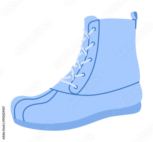 Blue lace-up duck boot women flat pair. Rounded toe with padded collar camping, expedition, photoshoot, adventure wardrobe. Technical fashion illustration CAD mockup smooth vector men unisex isolated
