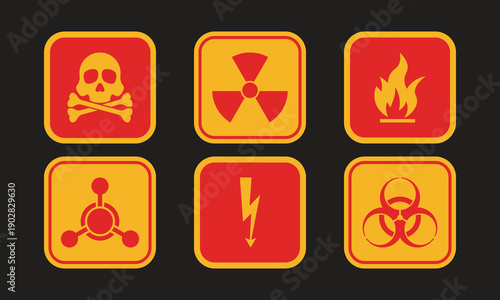 Hazard Danger Square Icons Skull Poison Radiation Flame Lightning Biohazard Red Yellow