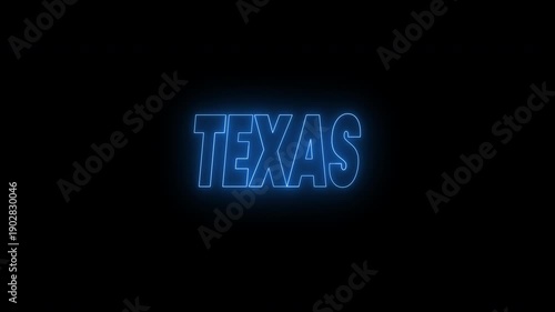 Texas text animation in glowing blue neon. 4k animated typography Perfect for travel blogs, promotional materials, event announcements, and educational presentations.