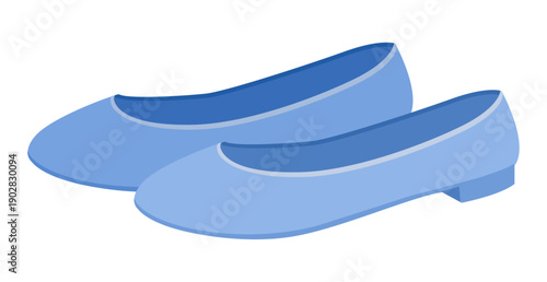 Blue ballet flat shoe women flat pair. Minimal round toe footwear for office commute weekend stroll. Technical fashion illustration CAD mockup soft vector man unisex isolated contemporary style.