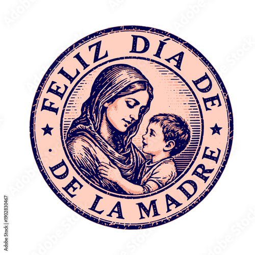 Vintage Mother's Day Emblem with Mother and Child Illustration