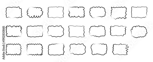 Set of monochrome black wavy rectangle frames. Irregular box contours and soft edges for text blocks, card borders and layout accents. Single line silhouette vector illustration.