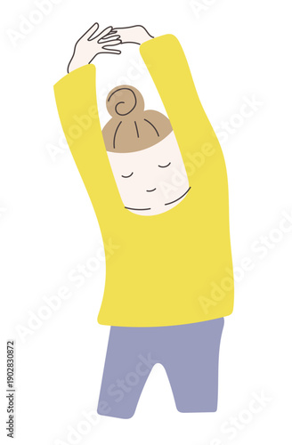 両腕を上に伸ばしてストレッチするリラックスした女性