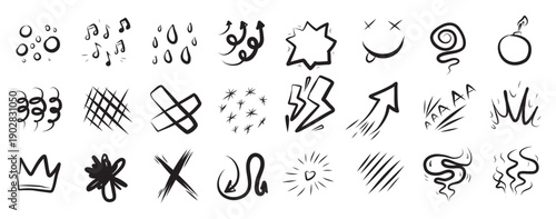 Hand drawn comic effect manga elements set. Cartoon doodle anime icons with arrows, bubbles, sparks, lightning, hearts and motion lines. Vector brush sketch expressive emoji, speech, speed decoration