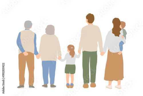 手をつないで並ぶ三世代家族の後ろ姿イラスト