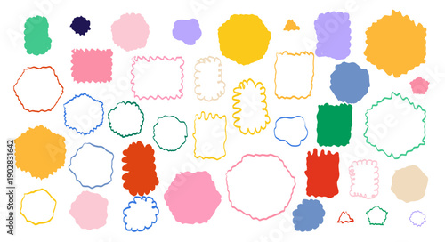 Set of colorful wavy sticker shapes. Bright blobs with hand-drawn edges for playful labels, collage accents and decorative patches. Irregular border silhouettes vector illustration.