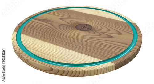 Round wooden serving board with teal resin inlay and natural wood grain