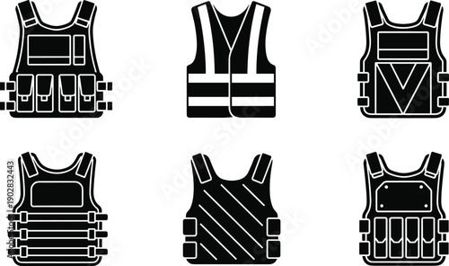 Black and White Safety Vest Silhouette Vector Set Featuring Bulletproof Body Armor and High Visibility Reflective Jackets for Security Professional Protection