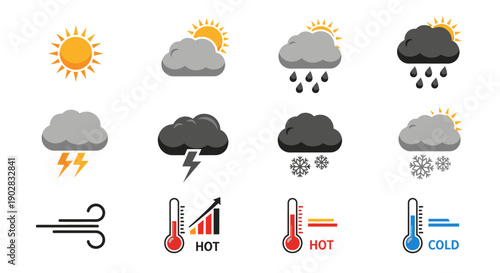 Weather Forecast Icon Collection Showing Sun Clouds Rain Snow Lightning and Temperature Scales