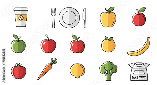 Healthy Food and Takeaway Icons Featuring Coffee Fruits Vegetables Cutlery and Lunch Box