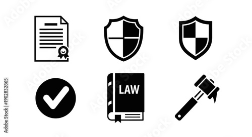Legal and Compliance Icons Set with Contract Shield Approved Checkmark and Judges Gavel