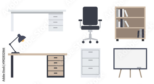 Modern Office Interior Furniture Vector Set Including Desks Chairs Bookshelves and File Cabinets