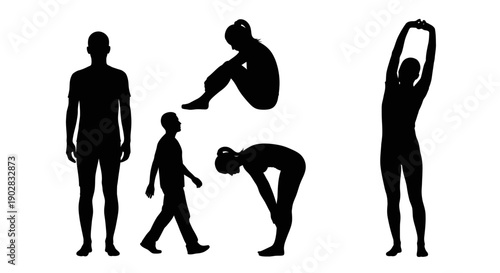 Black Silhouette Set of People in Standing Sitting Walking and Stretching Body Postures
