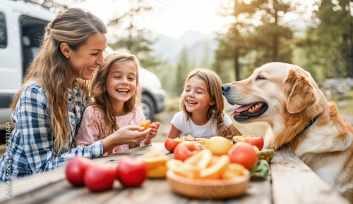 Happy cheerful family of girls sisters, their mother and golden retriever dog sitting at wooden table and eating fresh fruits during summer vacation against the background of nature with travel van.