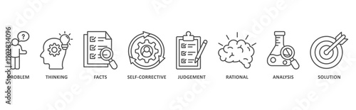 Critical thinking banner web icon illustration with icon of problem, thinking, facts, self-corrective, judgment, rational, analysis, and solution