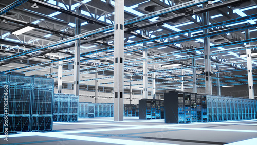 Foto Big data, complex calculations and database servers in server farm, digital twin mapping