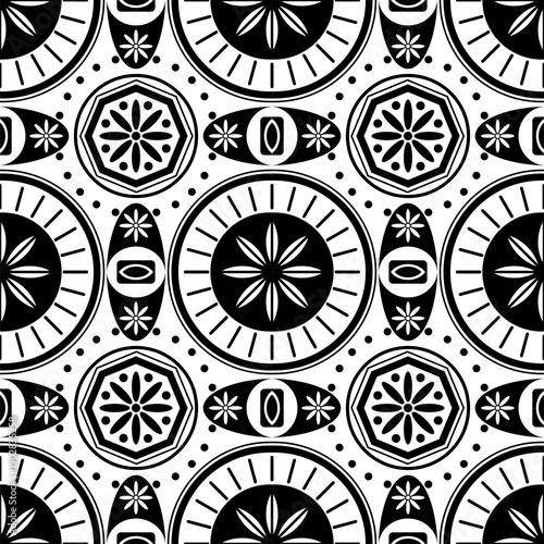 Seamless black and white geometric ornamental pattern featuring symmetrical abstract shapes. Decorative repeating background ideal for textiles, wallpapers, packaging, surface design, ceramics and int