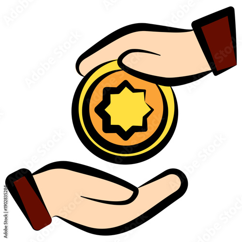 Almsgiving Outline Color Hand Drawn Icon, Mini Illustration For Modern Concept, Print, Ui, Ux Kit, Web And App Development. Vector Related To Ramadan, Eid Al-Fitr, Eid Al-Adha And More