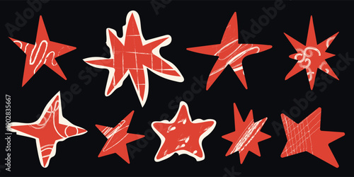 Set collection of red star shapes with crayon doodle patterns, chalk strokes textures for packaging and cards and posters and postcard and magazines and stickers and kids and hobbies