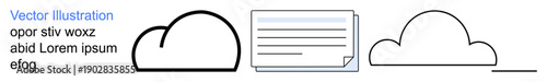 Cloud storage, data sharing, document management, digital organization, online backup, IT services. Minimal line-style cloud and document icons in black and white. Cloud storage and data sharing