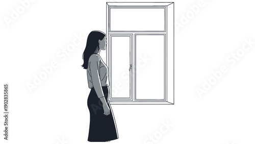 Woman Standing Beside Window Gazing Outside In Reflective Mood Emphasizing Interior Design, Personal Wellbeing And Quiet Contemplation Illustration