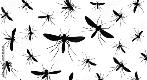 Black Mosquito Silhouette Vector Pattern Featuring Various Flying Insects for Pest Control Health Awareness Malaria Prevention and Summer Nature Background Design