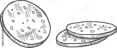 Sliced mortadella sketch. Meat sausage product drawing