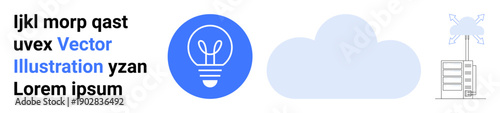 Renewable energy, cloud computing, technological innovation, sustainability, energy solutions, and creative ideas. Blue light bulb, cloud and wind turbine icons with placeholder text. Renewable