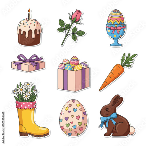 Easter Sticker Set with Chocolate Bunny, Gift Box, Kulich Cake, Carrot, Rose, and Yellow Rain Boot with Daisies, Cute Vector Illustration Isolated on White Background for Holiday Decor Design
