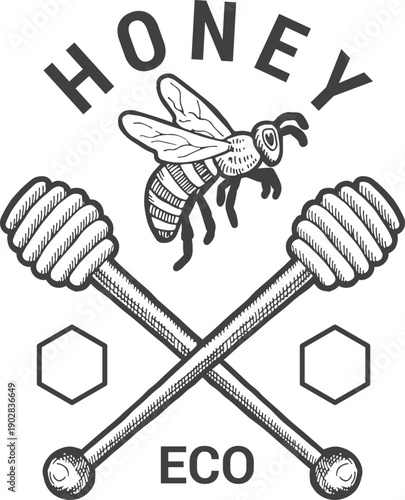 Eco honey label in engraving style. Organic farm logo
