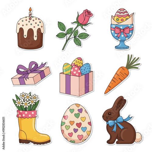 Easter Sticker Set with Chocolate Bunny, Gift Box, Kulich Cake, Carrot, Rose, and Yellow Rain Boot with Daisies, Cute Vector Illustration Isolated on White Background for Holiday Decor Design