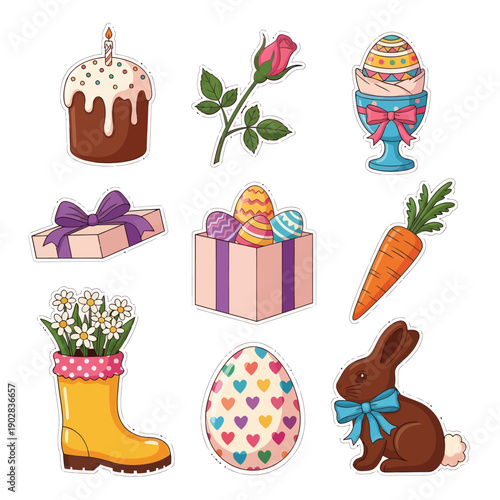 Easter Sticker Set with Chocolate Bunny, Gift Box, Kulich Cake, Carrot, Rose, and Yellow Rain Boot with Daisies, Cute Vector Illustration Isolated on White Background for Holiday Decor Design