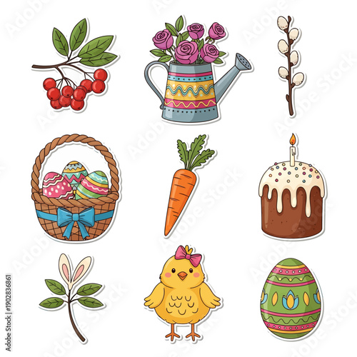 Cute Easter Sticker Set with Basket of Eggs, Chick, Watering Can with Roses, Kulich Cake, and Spring Botanical Elements, Flat Vector Illustration Isolated on White for DIY Holiday Design