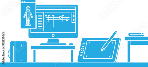 Blue flat of a computer desk with a monitor tablet and robot
