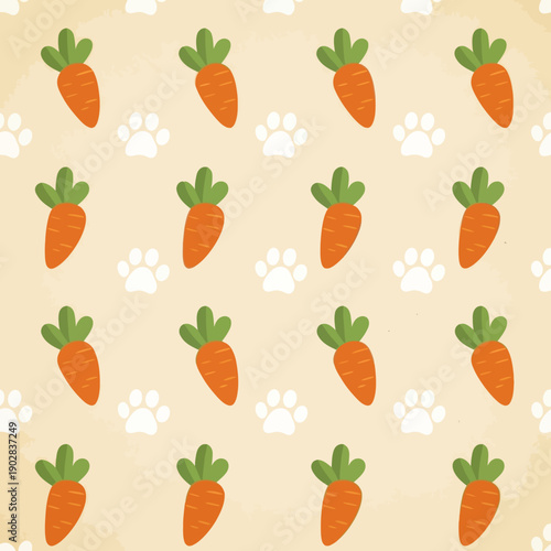 Seamless Pattern with Cute Orange Carrots and White Paw Prints on Beige Background, Flat Vector Illustration for Easter, Pet, and Gardening Theme Wallpaper and Textile Design