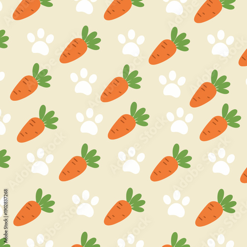 Seamless Pattern with Cute Orange Carrots and White Paw Prints on Beige Background, Flat Vector Illustration for Easter, Pet, and Gardening Theme Wallpaper and Textile Design