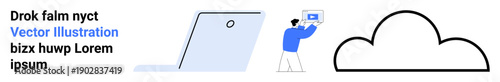Stylized laptop beside a standing person interacting with cloud data framed by a simple cloud icon. Ideal for cloud computing, data management, innovation, technology, collaboration, IT solutions