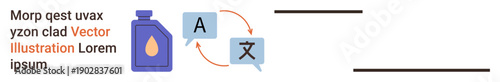 Communication, translation tools, language learning, global connection, data exchange, multilingual support. Two icons with looping arrows. Communication and translation tools concept